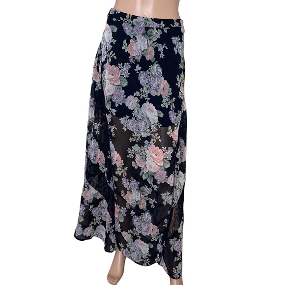 ASTR the label maxi skirt black & floral print SZ M zip up lined lace SZ M - Picture 1 of 13